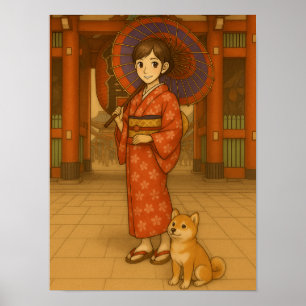 Poster Japan Stroll - Kimono Girl and Shiba dog Art