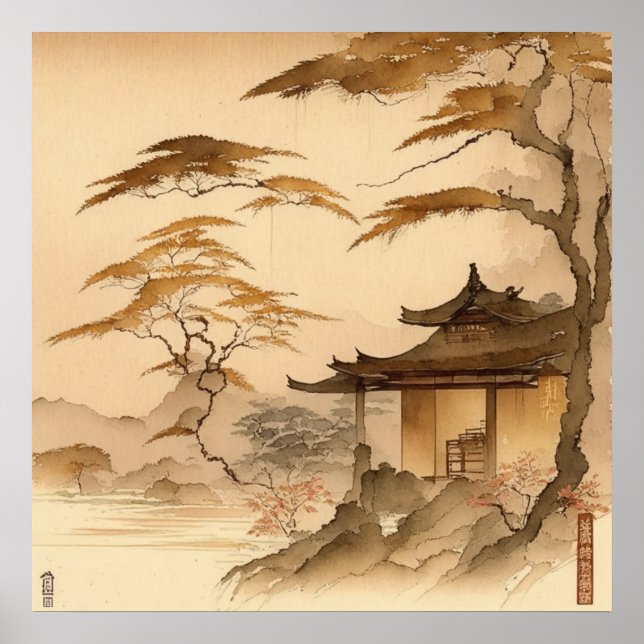 POSTER JAPANDI ART JAPON VILLAGE SCÈNE ART BROWN CHAUD (Devant)