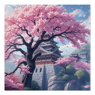 Poster Japanese Castle in Cherry Blossom Spring – Elegant