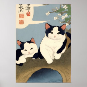 Poster Japanese Cats Blossom Tree Wall Art