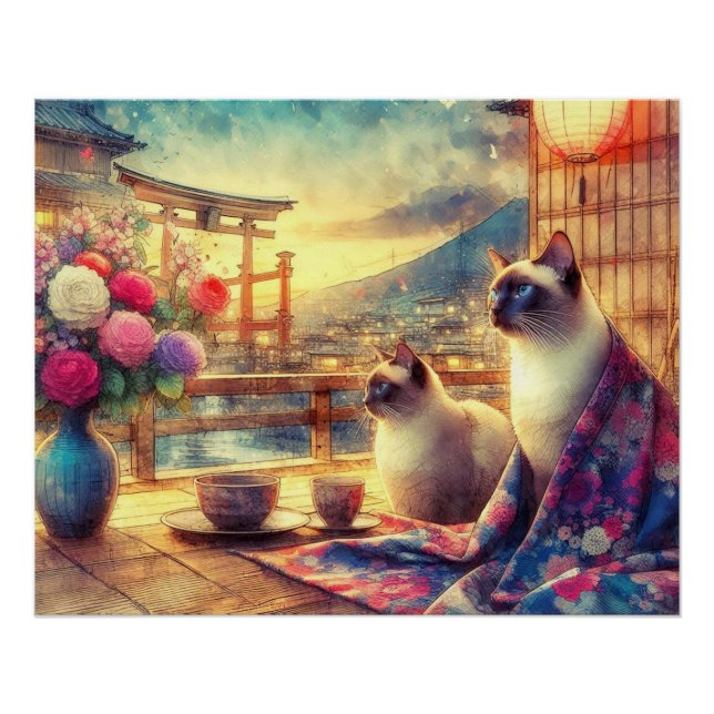 Poster Japanese flower and siamese cat (Devant)