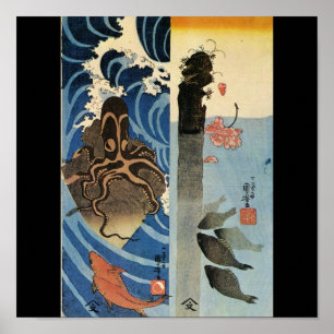 Poster Japanese Octopus and Fish c. 1800's (Japan)