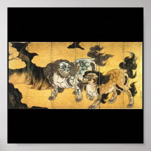 Poster Japanese Painting of Chinese Lions c. 1500's