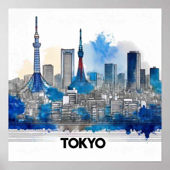 Poster Japon Tokyo Skyline - Aquarelle Tokyo Skyline (Devant)