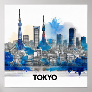 Poster Japon Tokyo Skyline - Tokyo Skyline à l'aquarelle