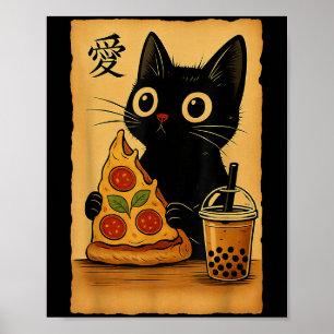 Poster Japonais Kawaii Anime Chat Pizza A Tea Cat Manger 