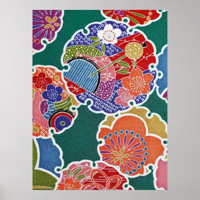 Poster Japonais KIMONO Textile, Floret Motif (Devant)