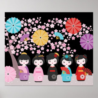 Poster Japonais Kokeshi Dolls Noir