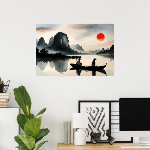 Poster Japonais naviguant Bateau Soirée Rivière Paysage