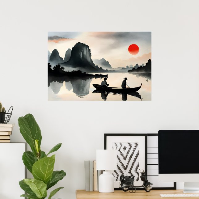 Poster Japonais naviguant Bateau Soirée Rivière Paysage (Bureau à domicile)