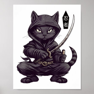 Poster Japonais Samurai Chat Noir Tattoo, Kawaii Ninja Bl