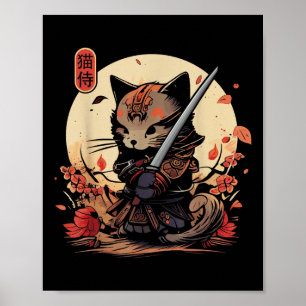 Poster Japonais Samurai Chat Tattoo, Kawaii Ninja Chat _2