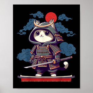 Poster Japonais Samurai Chat Tattoo Kawaii Ninja Chat Ani