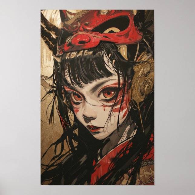 Poster Japonaise Anime Girl avec Pos de Masque Oni Rouge  (Devant)