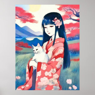 Poster Japonaise avec un chat blanc