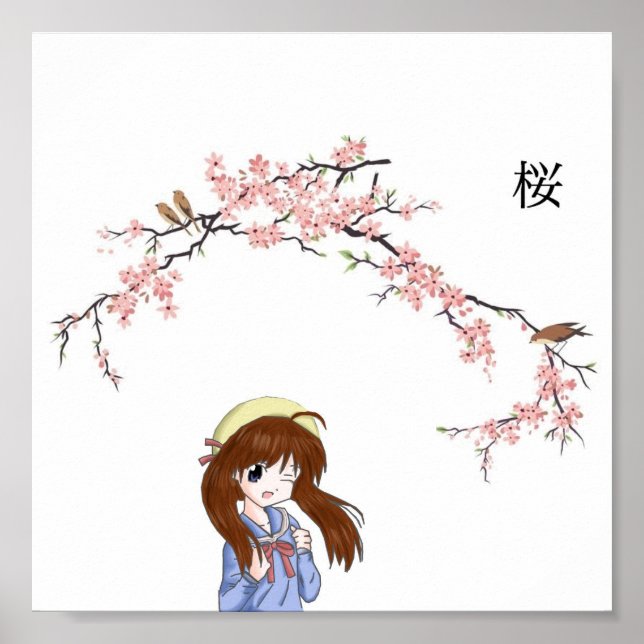 Poster Japonaise Fille Fleur de Cerisier (Devant)