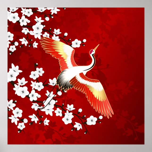 Poster Japonaise Grue Blanc Cerisier Fleur Rouge (Devant)