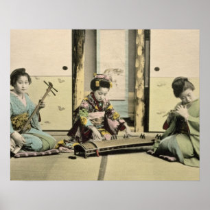 Poster Japonaises jouant de la flûte, 'koto' et samis