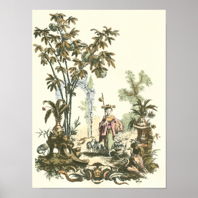 Poster Jardin asiatique avec femme et animaux (Devant)