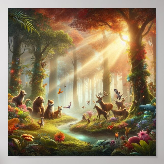 Poster Jardin avec animaux parlants et flore fantastique. (Devant)