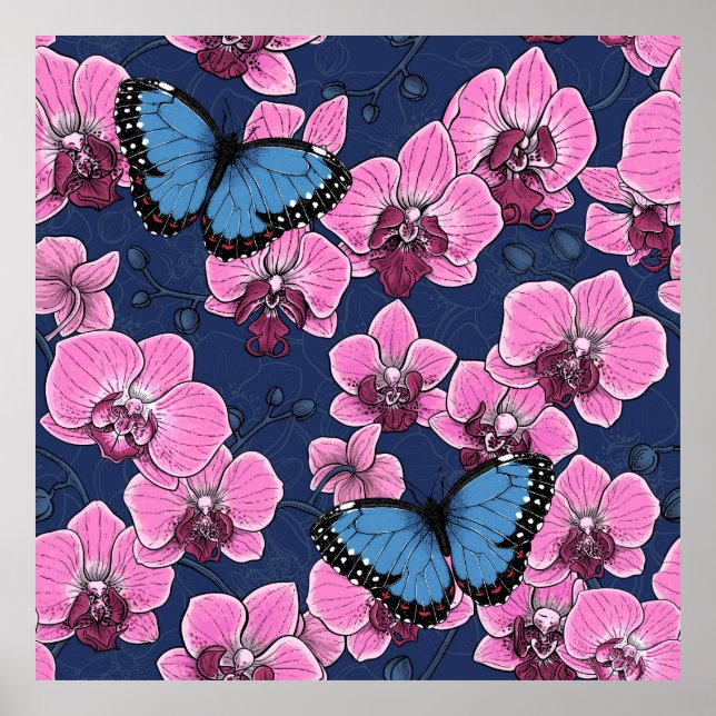 Poster Jardin botanique d'orchidées avec papillons (Devant)