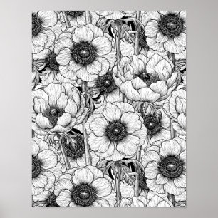 Poster Jardin d'anémones en noir et blanc