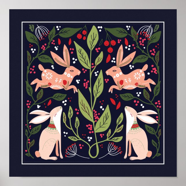 Poster Jardin de fleurs de lapin scandinave (Devant)