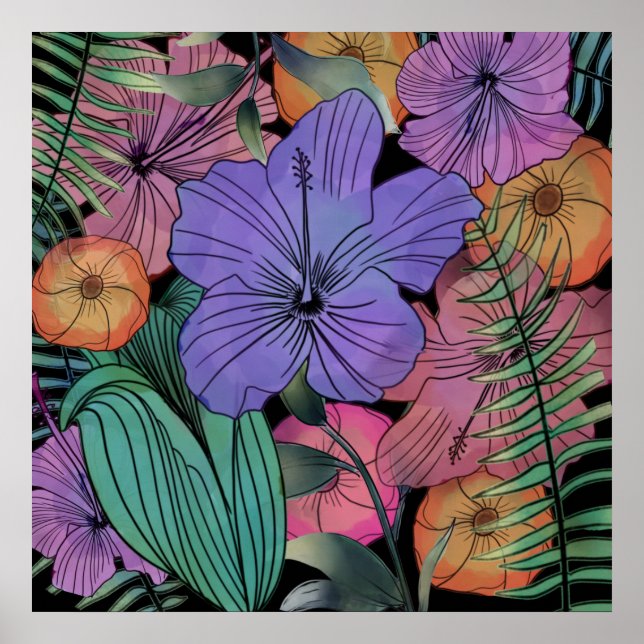 Poster Jardin de fleurs tropicale hibiscus violet clair (Devant)