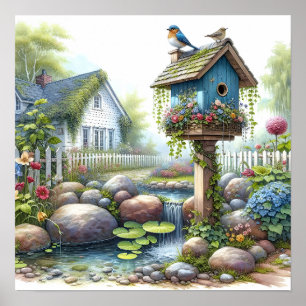 Poster Jardin de maisonnette à l'aquarelle avec nichoir à