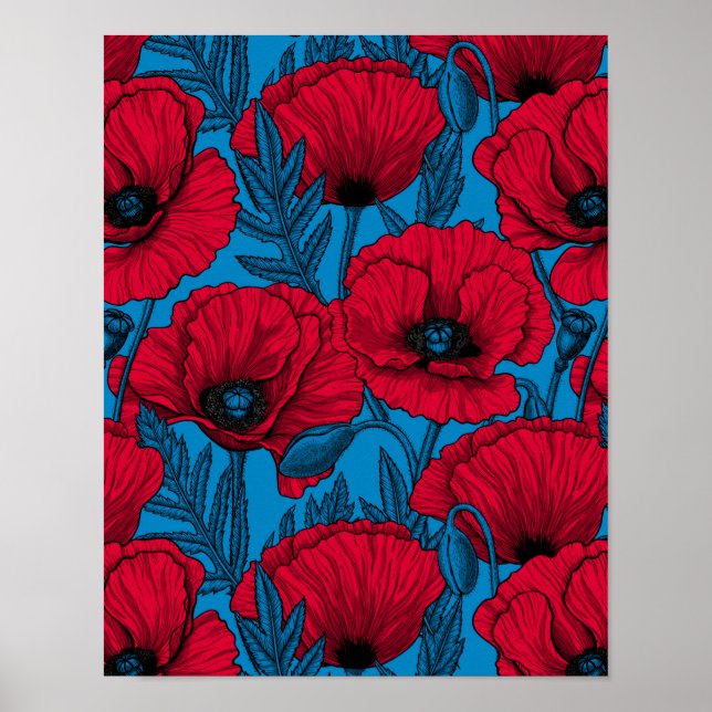 Poster Jardin de pavot rouge sur bleu (Devant)