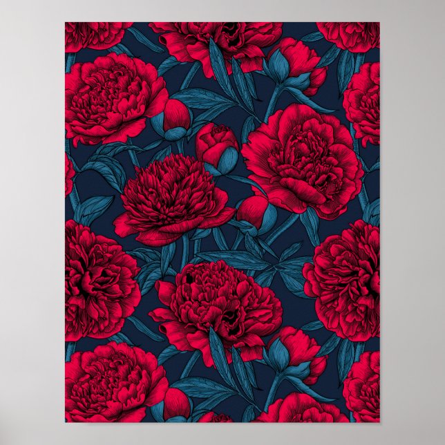 Poster Jardin de pivoine rouge sur bleu foncé (Devant)