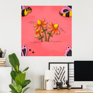 Poster Jardin de printemps mignon de l'abeille et rose fl