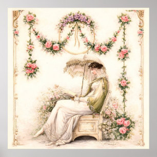 Poster Jardin de roses de la Régence lisant une dame