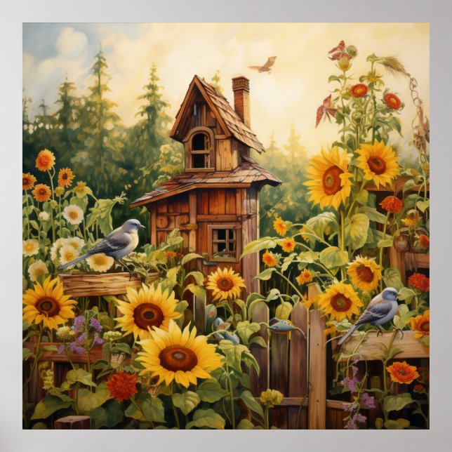 Poster Jardin de tournesol 8 Maisons d'oiseaux Oiseaux bl (Devant)