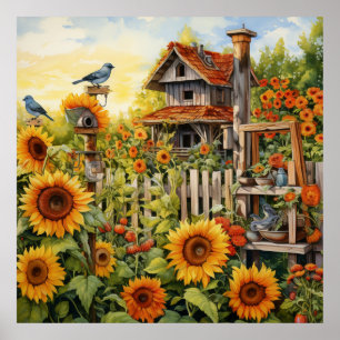 Poster Jardin de tournesol 9 Maisons d'oiseaux Oiseaux bl