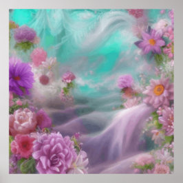 Poster Jardin D'Imaginaire Avec Fleurs Et Cascade Rose