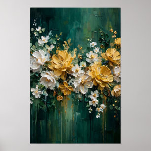 Poster Jardin d'or émeraude - Fleurs blanches et dorées