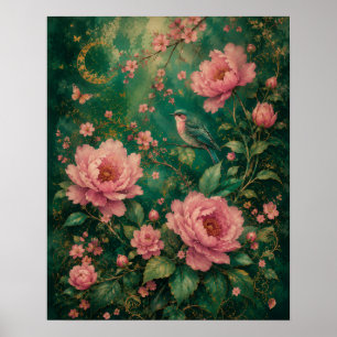 POSTER JARDIN ÉMERAUDE DORÉ ROSES D'OISEAU-MOUCHARD II
