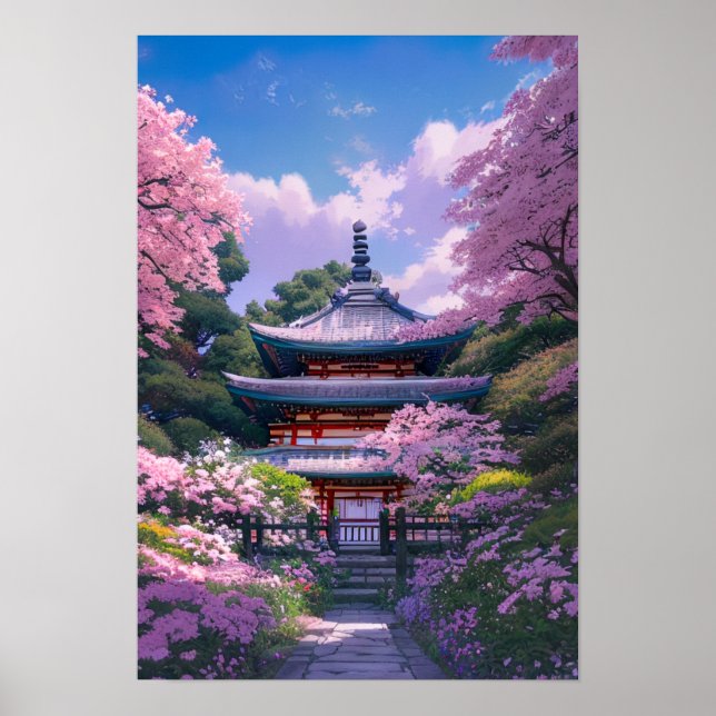Poster Jardin en fleurs de cerisier et temple en bois (Devant)