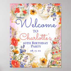 Poster Jardin fleuri coloré Tea Party Anniversaire Bienve