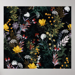 Poster Jardin floral foncé : Motif nocturne florissant