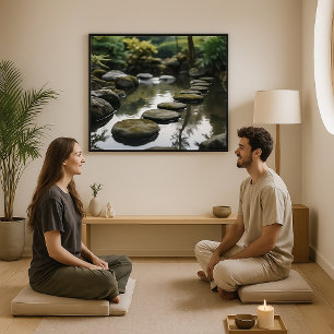 Poster Jardin japonais avec pierres, eau et Plante