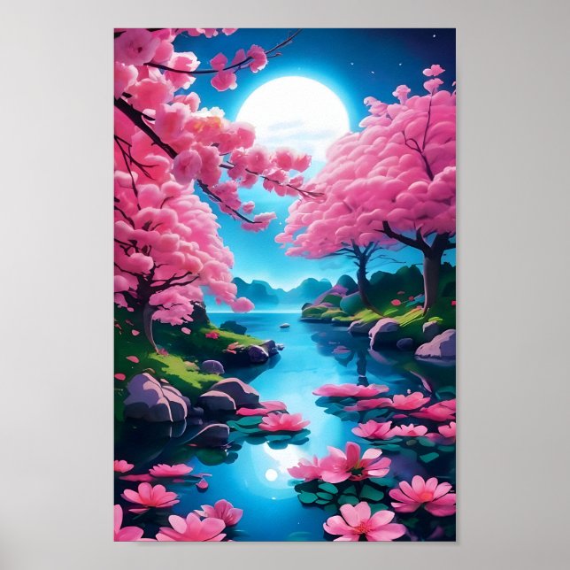 Poster Jardin japonais moderne Fleurs de cerisiers Art (Devant)