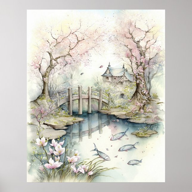 Poster Jardin japonais traditionnel au printemps (Devant)