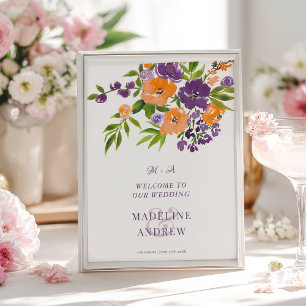 Poster Jardin Mariage Bienvenue Fleurs Orange Violet
