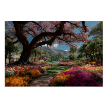 Jardin paradisiaque avec vue sur un arbre en fleur