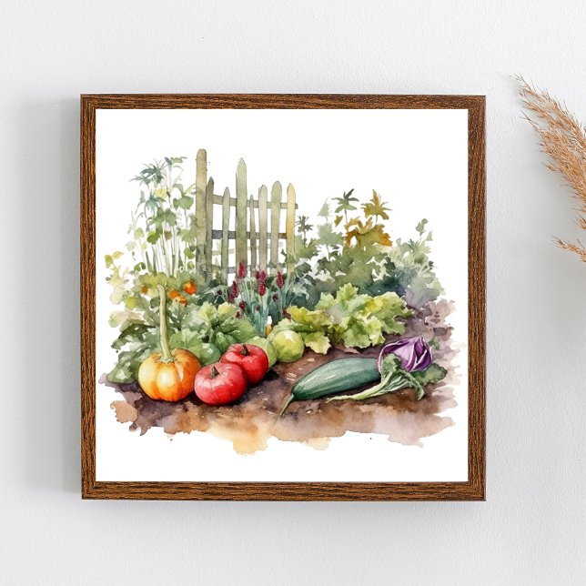 Poster Jardin potager avec clôture aquarelle (Watercolor Vegetable Garden Wall Art.)