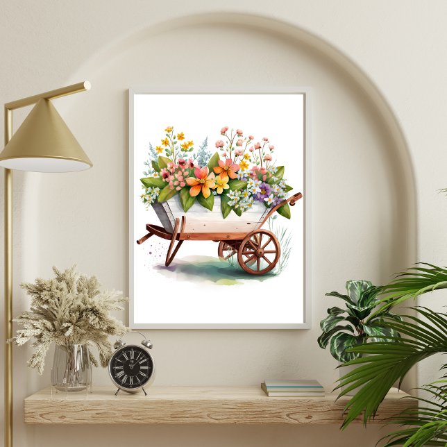 Poster Jardin rose jaune Fleurs de Jardin en tonneau à ro (Wheel Barrel with Flowers Country Rustic Wall Art poster)