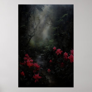 Poster Jardin sombre fleurs rouges, Académie sombre, Mur