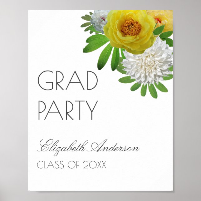 Poster Jaune & Blanc Floral Graduation Party (Devant)